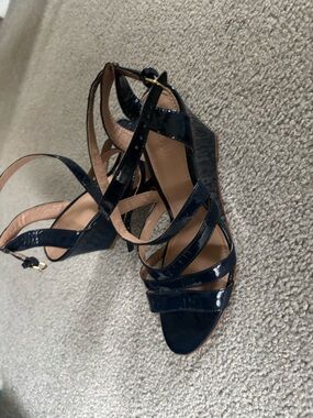 J. Crew Navy Patent Wedge Sandals with Strappy Slingback